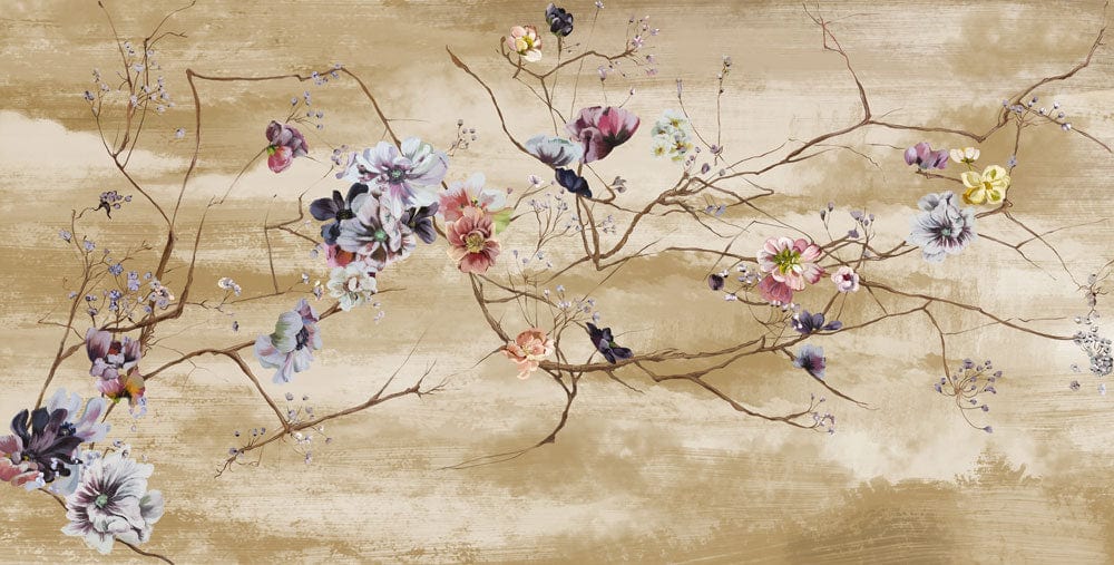 traditional floral branch artwork used as a wallpaper mural for interior decor.