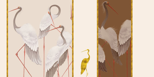 Elegant Gold Crane Bird Mural Wallpaper
