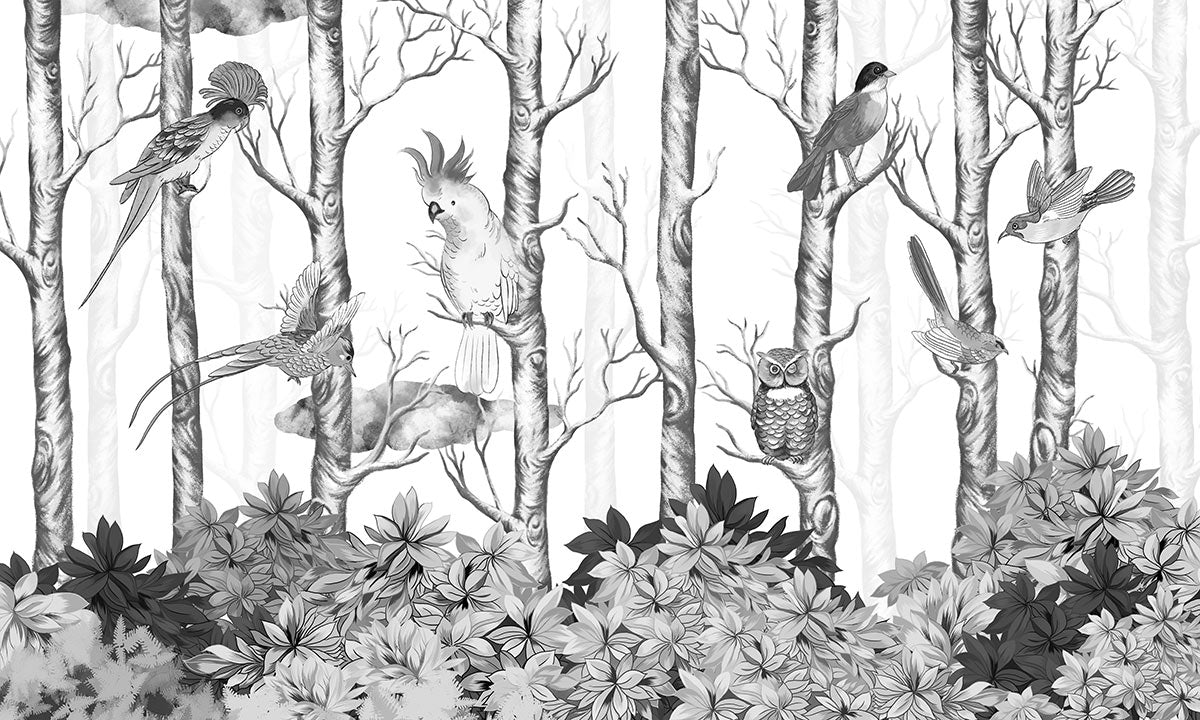 Monochrome Forest Birds Mural Wallpaper