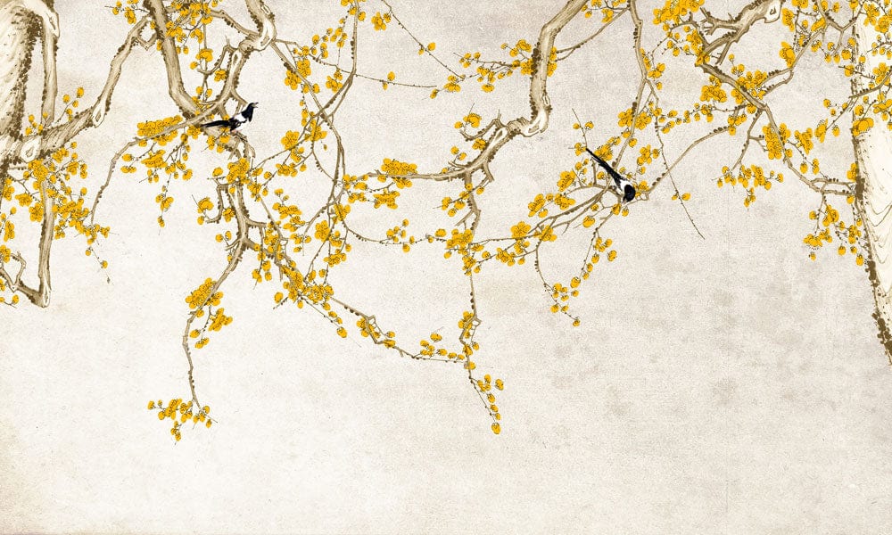 Elegant Golden Floral Branch Mural Wallpaper