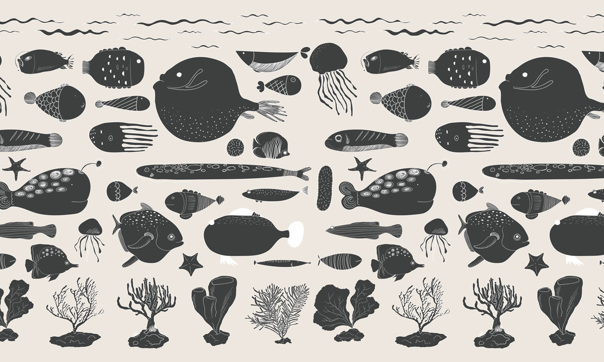 Chic Monochrome Oceanic Life Mural Wallpaper
