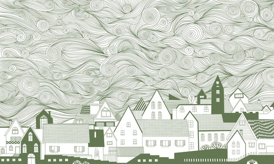 Whimsical Line Art Village Mural Wallpaper