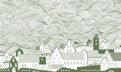 Whimsical Line Art Village Mural Wallpaper