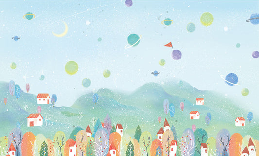 Whimsical Space Village Pastel Mural Wallpaper