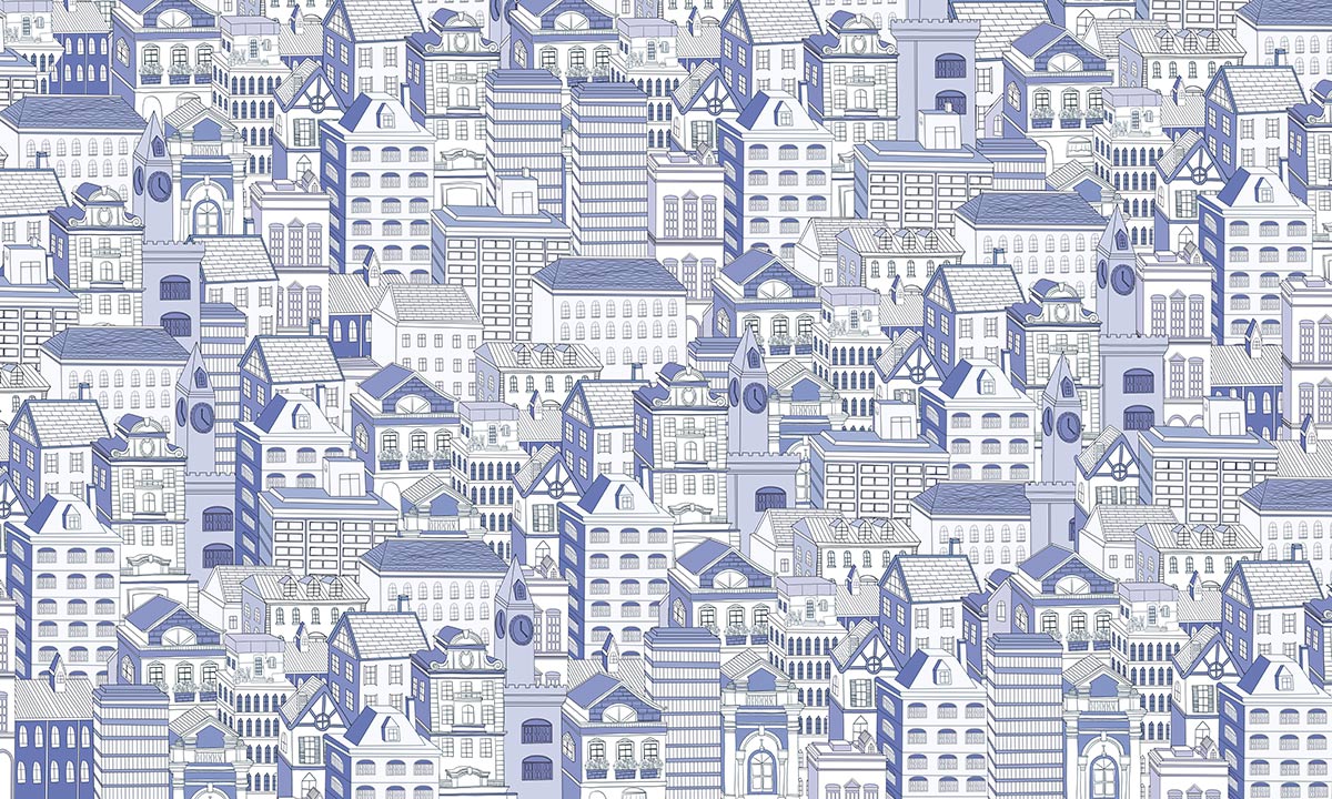 Blue Urban Sketch Style Mural Wallpaper