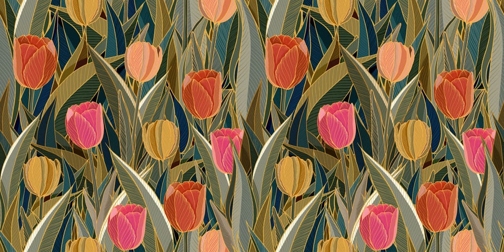 Carta da parati murale vintage floreale con tulipani e oro