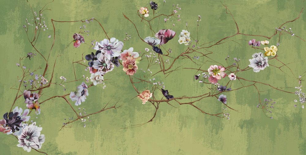 Elegante Carta da Parati Botanica Floreale Verde