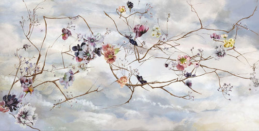 floral branch and bloom wall mural paper for use in interior design