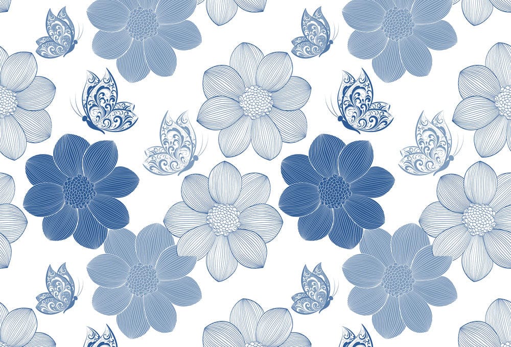 Blue Floral Modern Living Mural Wallpaper