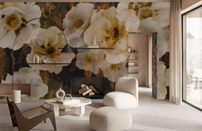 Gold Floral Elegance Luxe Mural Wallpaper in living room