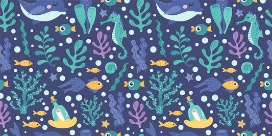 a wall mural depicting marine life in the form of cartoon animals