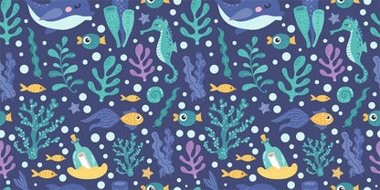 a wall mural depicting marine life in the form of cartoon animals