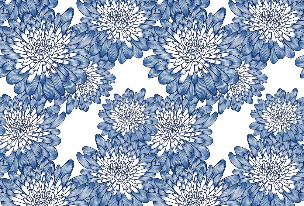 bespoke wallpaper with white and blue flower patterns