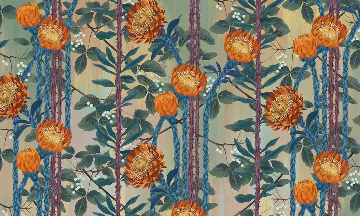 Botanical Orange Flower Stripe Mural Wallpaper