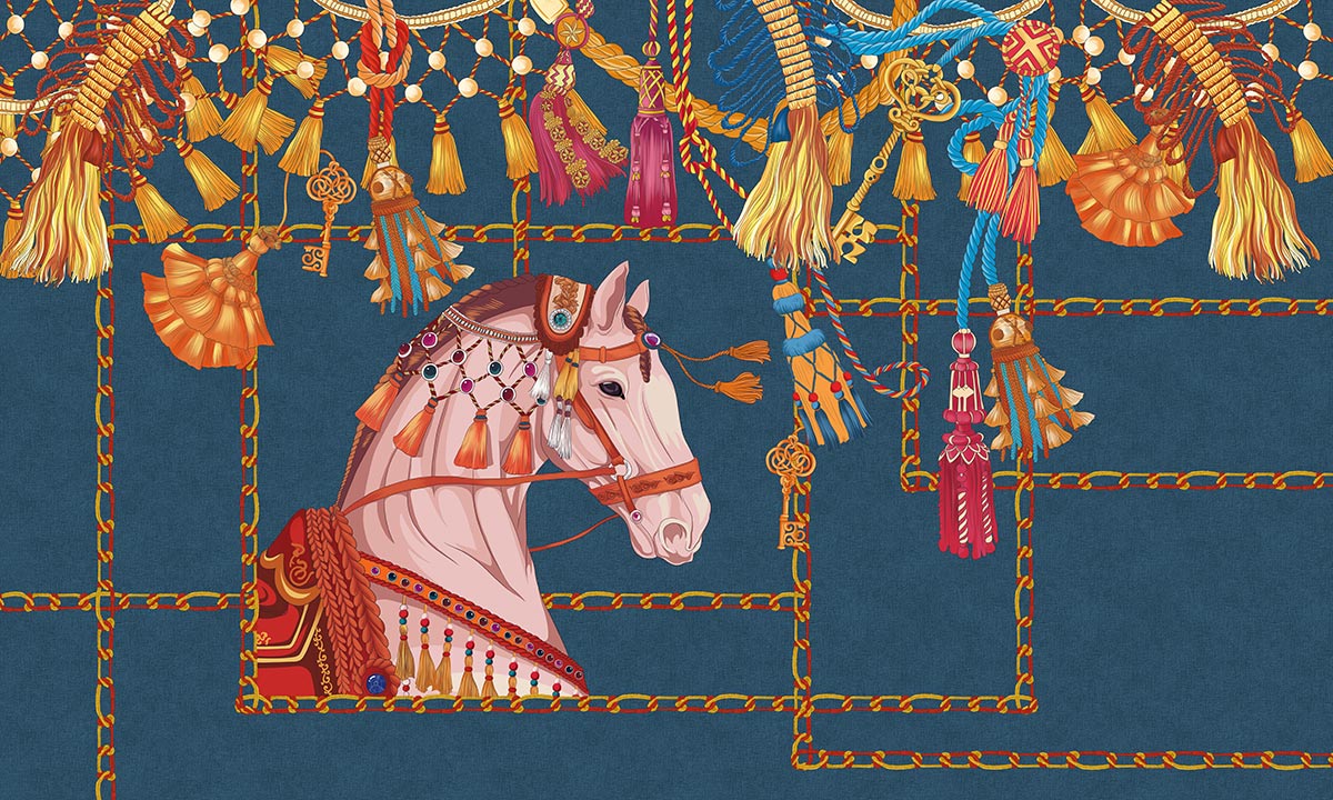 Luxury Equestrian Tassel Navy Mural Wallpaper