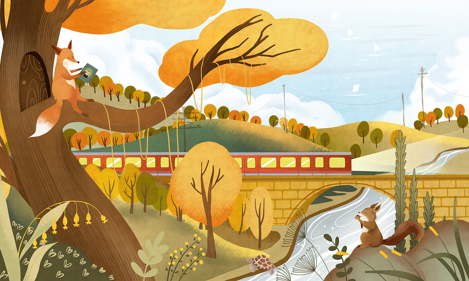 Home Decoration Autumn Train Animal Wallpaper Mural for Use in