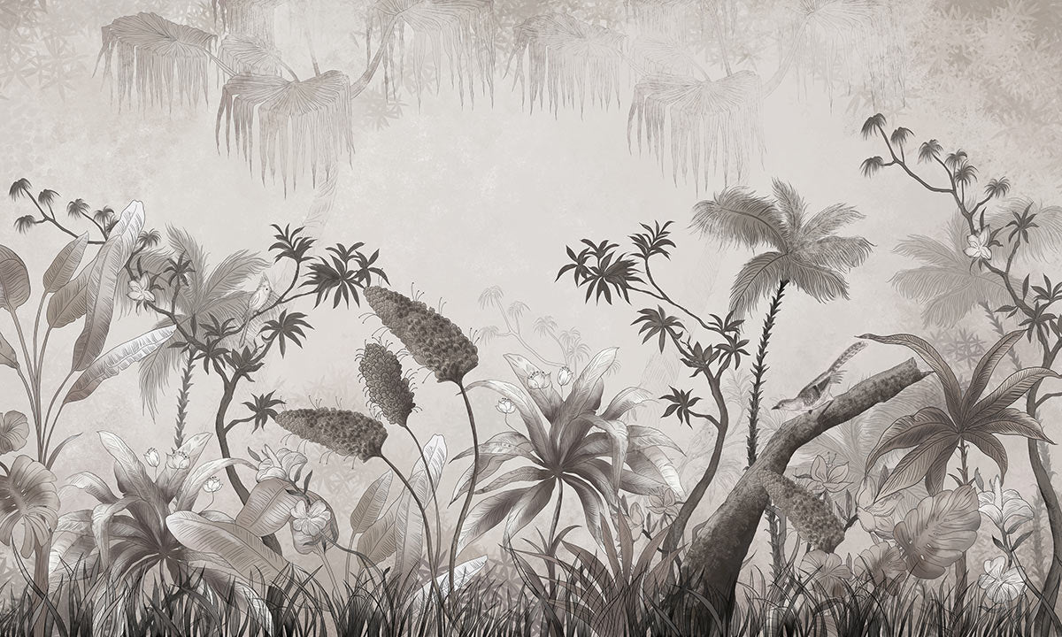 Tropical Greyscale Jungle Mural Wallpaper