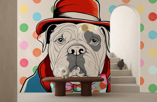 Colorful Bulldog Polka Dot Mural Wallpaper