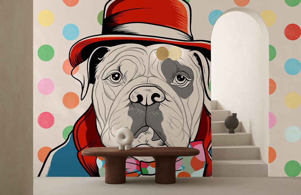 Colorful Bulldog Polka Dot Mural Wallpaper in living room