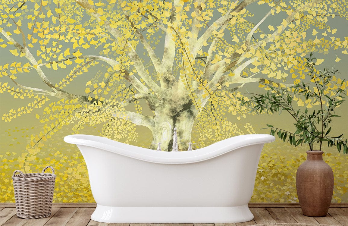 Golden Autumn Tree Nature Mural Wallpaper in bathroom