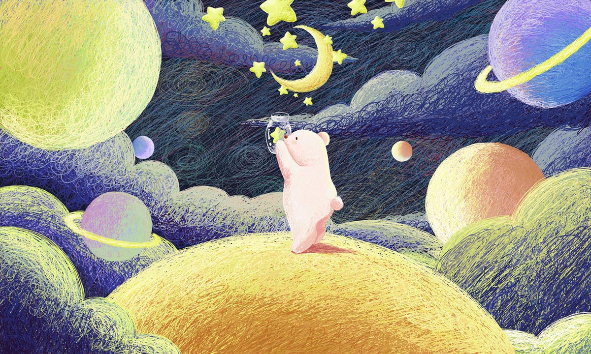 Whimsical Space Bear Kids Mural Wallpaper