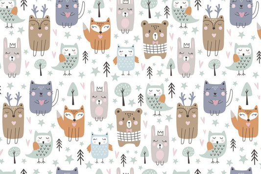 a fox, a bear, a rabbit, and a bird wall mural