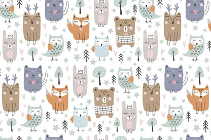 a fox, a bear, a rabbit, and a bird wall mural
