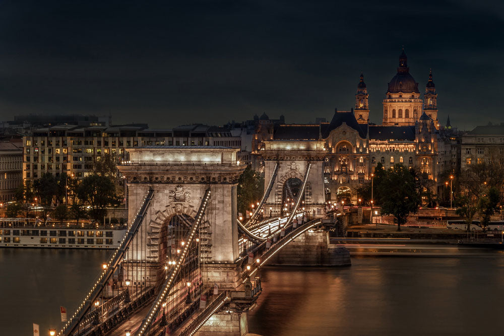 overlooking budapest bridge in evening wall mural design