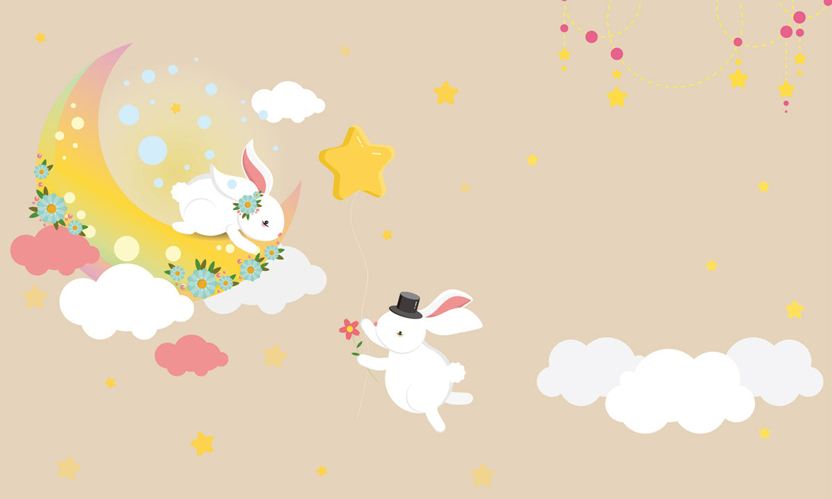 Whimsical Bunny Starry Night Mural Wallpaper