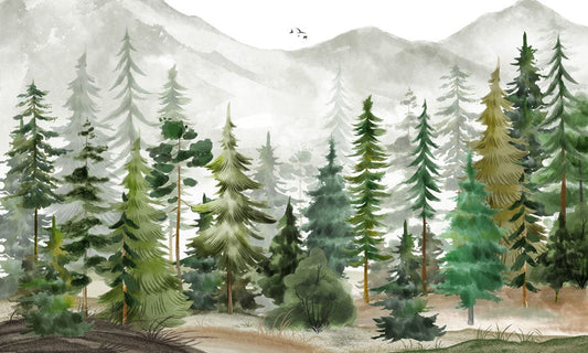 green watercolor forest wall mural home interior design