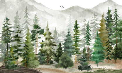 green watercolor forest wall mural home interior design
