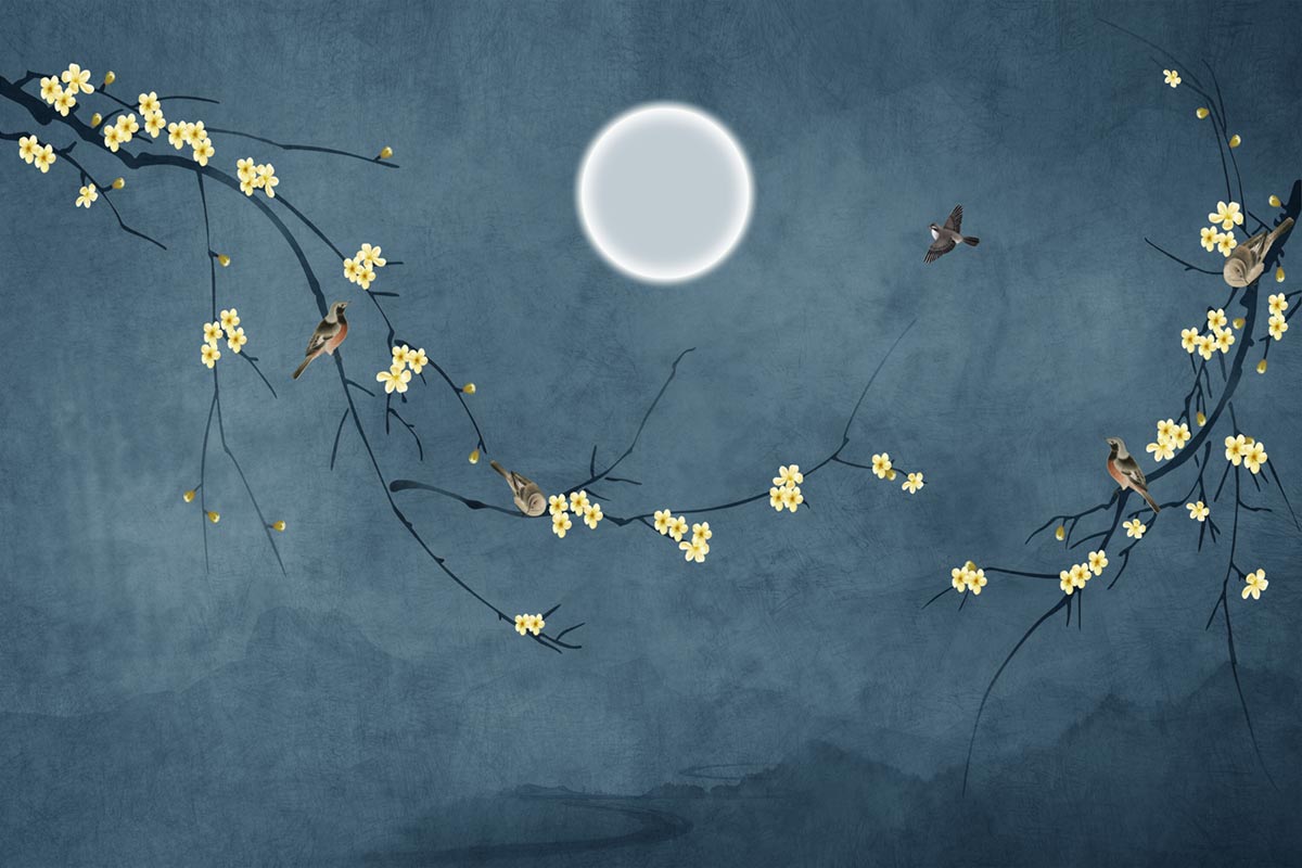 Chinoiserie Bird Floral Blue Mural Wallpaper