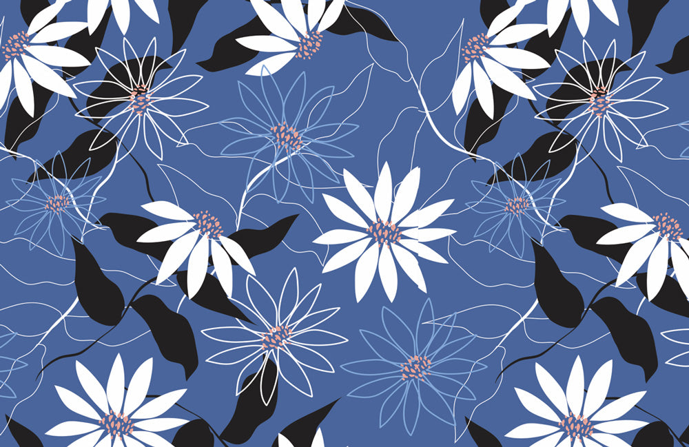 Wallpaper mural for home decoration featuring a blue abstract flower design.