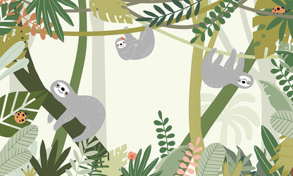 Tropical Sloth Green Leaf Mural Wallpaper