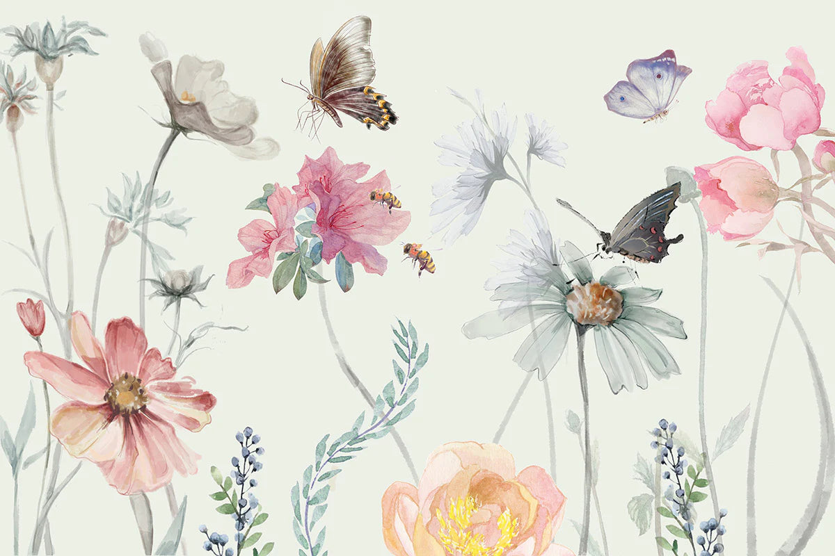 Verspielt Botanischer Schmetterling Blumen Wandtapete