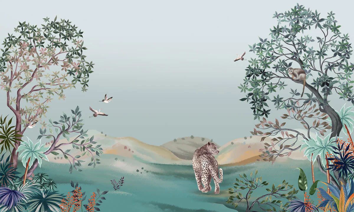 Tropical Jungle Leopard Scenic Mural Wallpaper