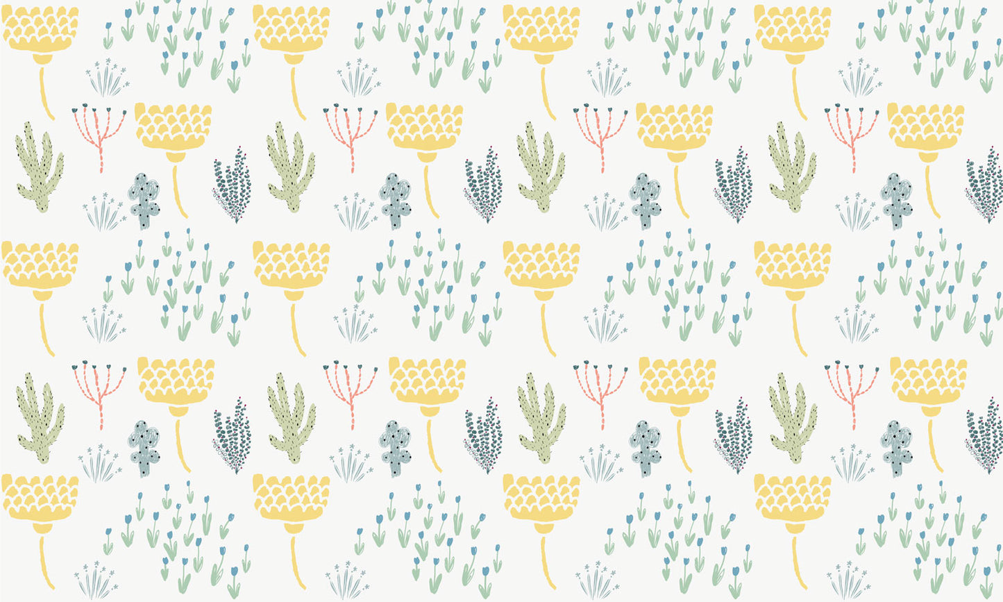 Wallpaper mural for home decoration featuring a repeating pastel plant pattern.