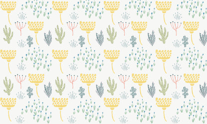 Wallpaper mural for home decoration featuring a repeating pastel plant pattern.