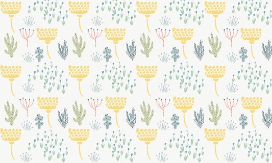 Wallpaper mural for home decoration featuring a repeating pastel plant pattern.