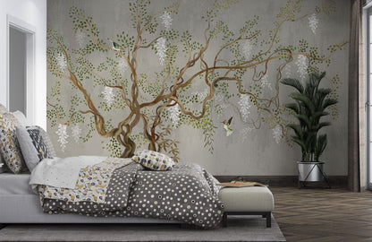 Whimsical Tree Branches Nature Mural Wallpaper in bedroom