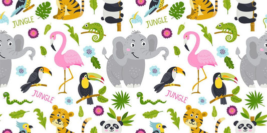 Wallpaper with jungle animals and foliage for a child's nursery
