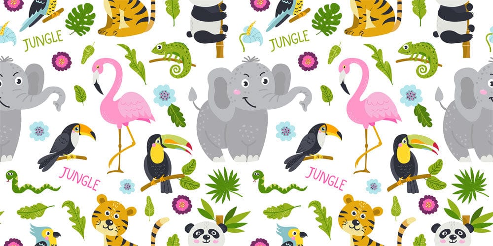 Wallpaper with jungle animals and foliage for a child's nursery