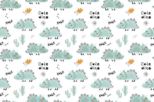 a wall mural with a cartoon dinosaur and leaf pattern