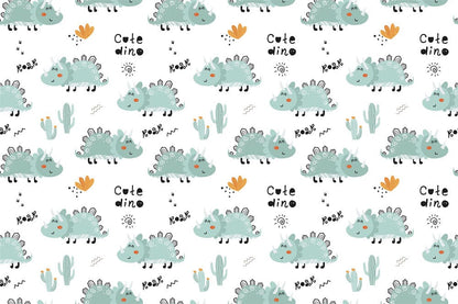 a wall mural with a cartoon dinosaur and leaf pattern