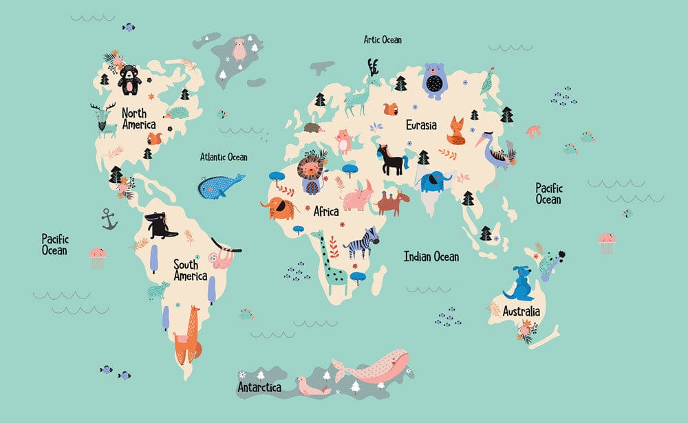 Map of the world including an original animal design as part of the artwork