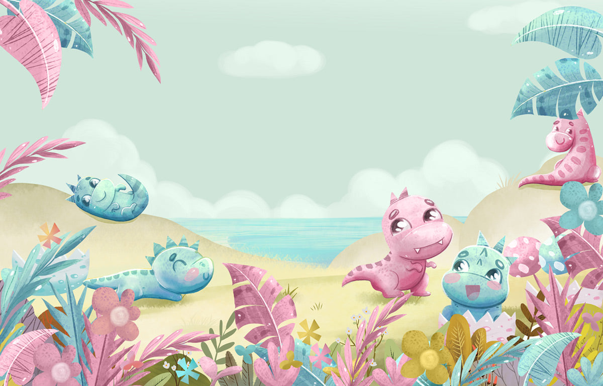 Whimsical Dinosaur Beach Mural Wallpaper