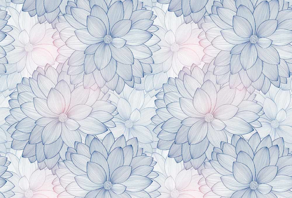 mixed pink and blue flowers on a wall art mural