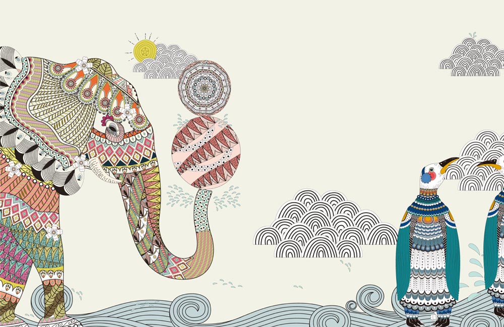 Colorful Bohemian Elephant Mural Wallpaper