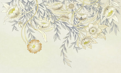 Wallpaper mural with pastel flowers for use as home decor.
