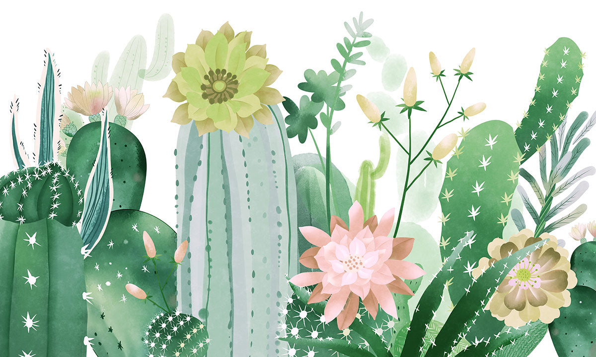 Botanische Aquarell-Kaktus Blumen Wandtapete
